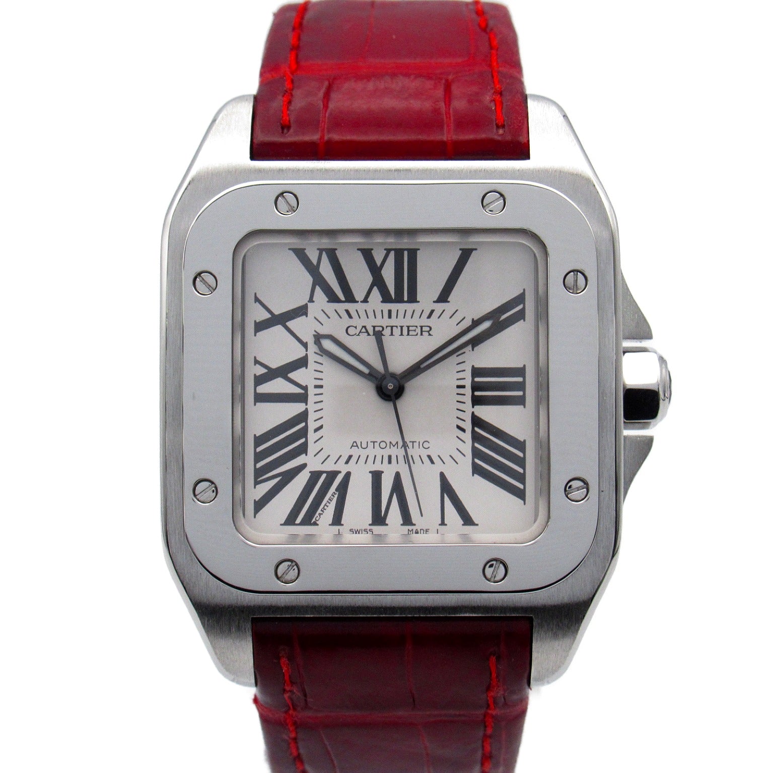Cartier Santus 100 Watch Stainless Steel Leather Belt Leather  Silver  W20106X8