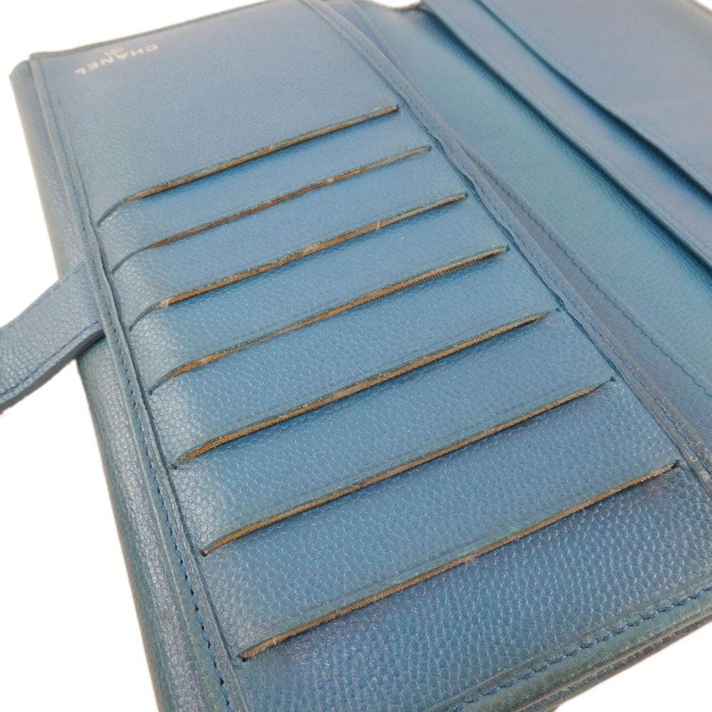 Chanel 2 fable wallet blue cocomark silver gold tool snap button horizontal matte men long wallet