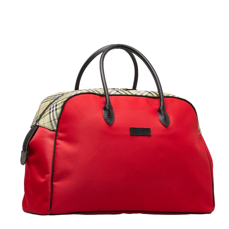 Burberry New Check Boston Bag Travel Bag Red Multicolor Nylon Leather