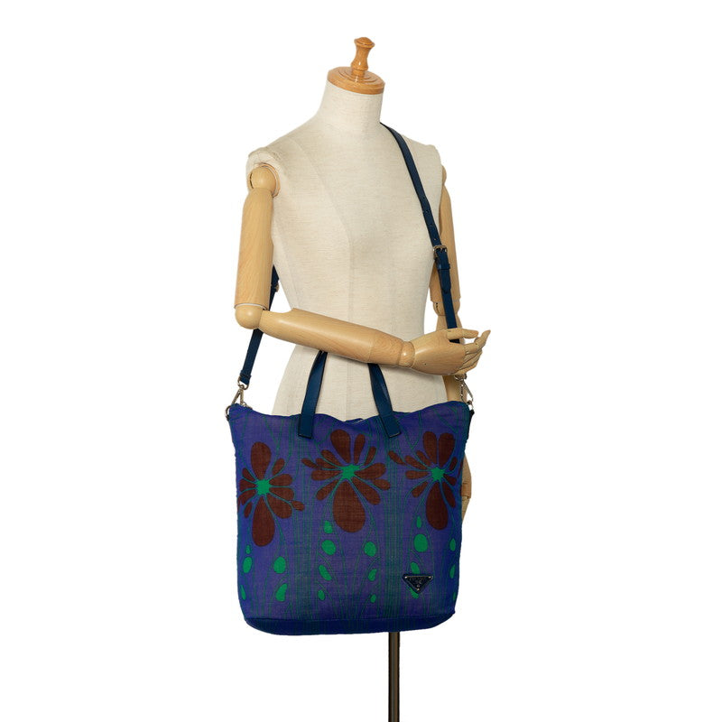 Prada Triangle Logo  Flower Motif Tote Bag 2WAY Blue Green Nylon Leather  Prada