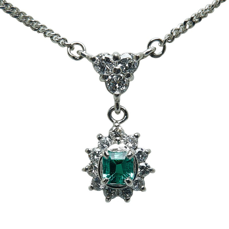 Pt850 platinum emerald 0.18ct diamond 0.33ct pendant necklace ladies