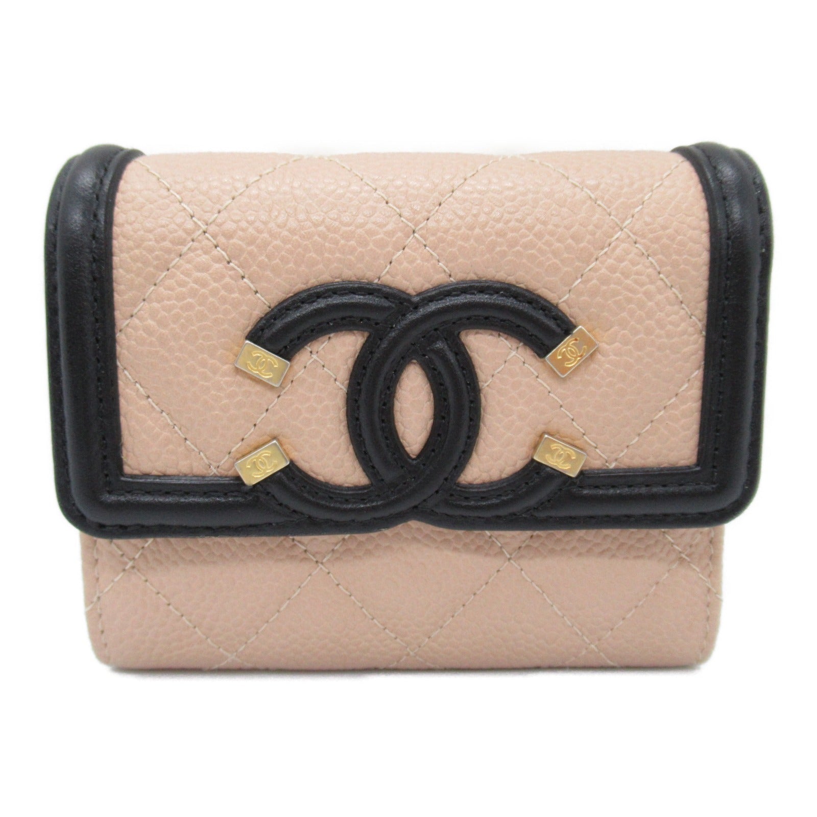 Chanel Three Fold Wallet Three Folded Wallet Caviar S  Beige Black