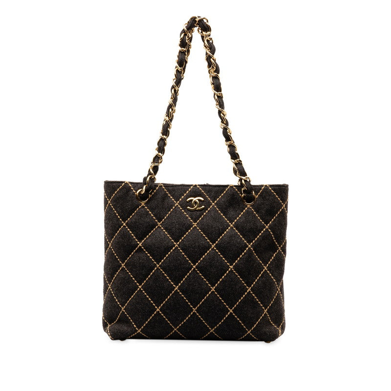 Chanel Wild Stitch Coco Chain Tote Shoulder Bag Black Felt  Chanel
