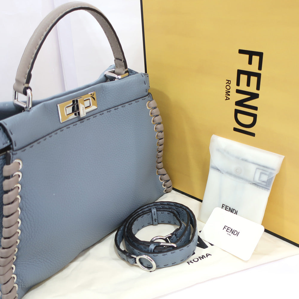 FI Peekaboo Selleria Peekaboo Selleria Peekaboo Selleria 8BN290 8AV F16OO Blue Gr Leather Women  2WAY Hand/Shoulder Striped  Bag Box