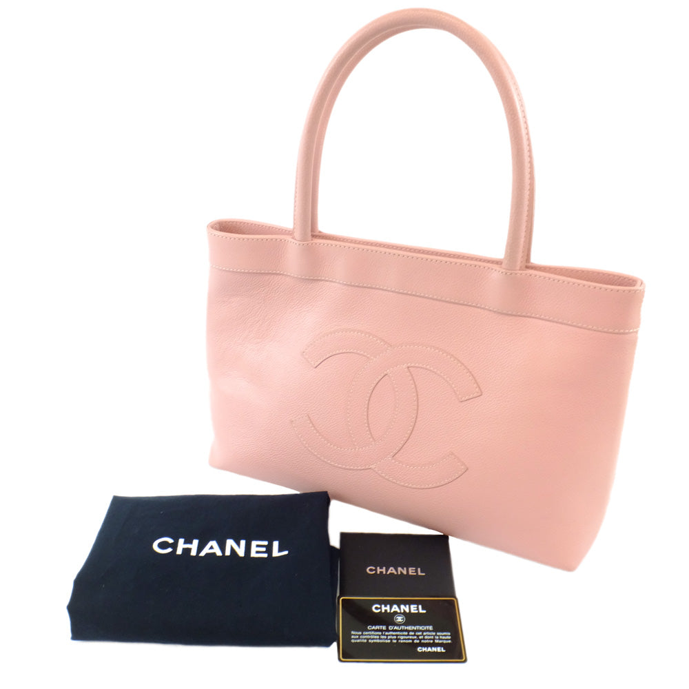 Chanel Caviar S Tote Bag Pink G  Beige Background Logo Leather Thin