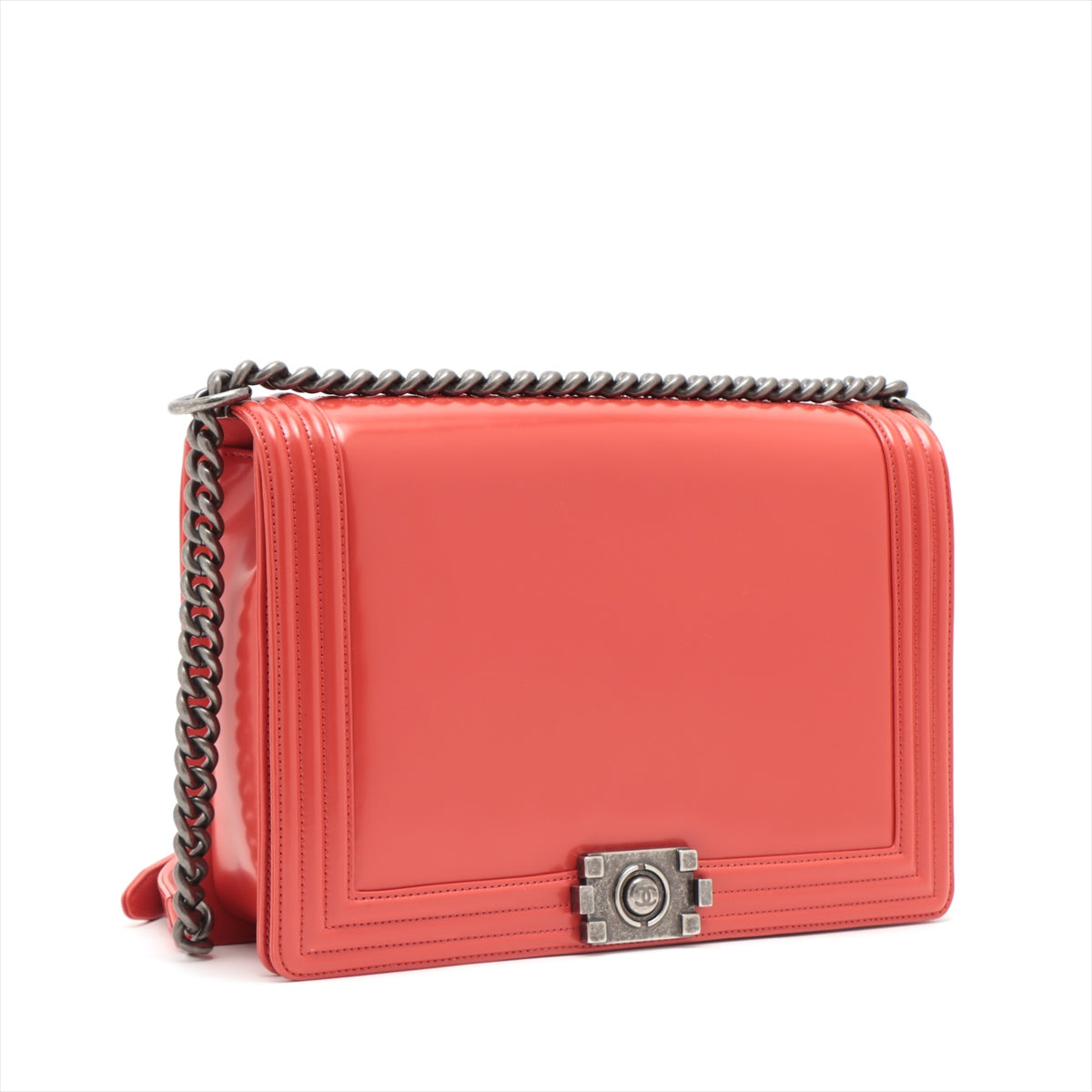 Chanel Boy Chanel Leather Chain Shoulder Bag Red Silver Gold