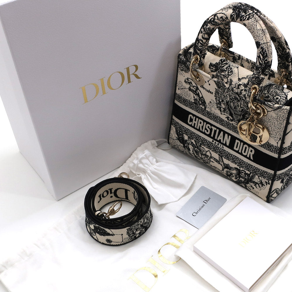 CHRISTIAN DIOR  D-Lite Dior Lady D-Lite Medium M0565ORHZ Twal Du Jeu Zodiac Embroidery Handbag Black White Shoulder 2WAY