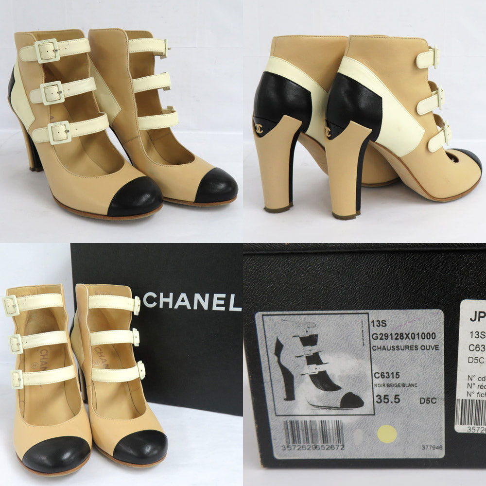 CHANEL Chanel Short Boots G29128 Anchor Strap Pumps Coco Roundto Size 35.5 35ha 22.5cm equivalent Beige x Black x White Heavy  Leather Shoes    Dry Quality Woodwear