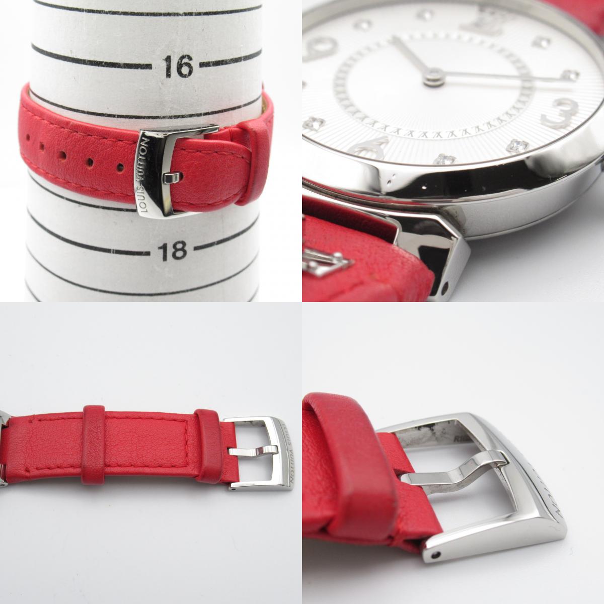 Louis Vuitton Tambour Slim MM 8P Diamond  Watch Stainless Steel Leather Belt  Silver  Q13MJ