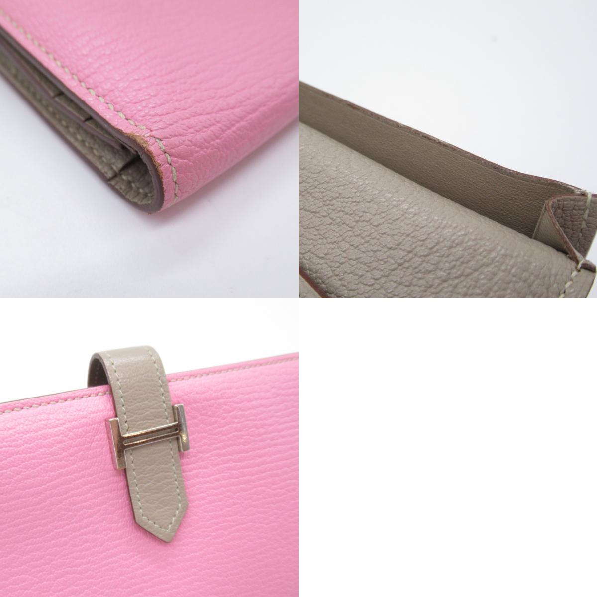 Hermes s Flaverso Two Fable Wallet Two Foldable Wallet Handbag Leather Shables  Pink