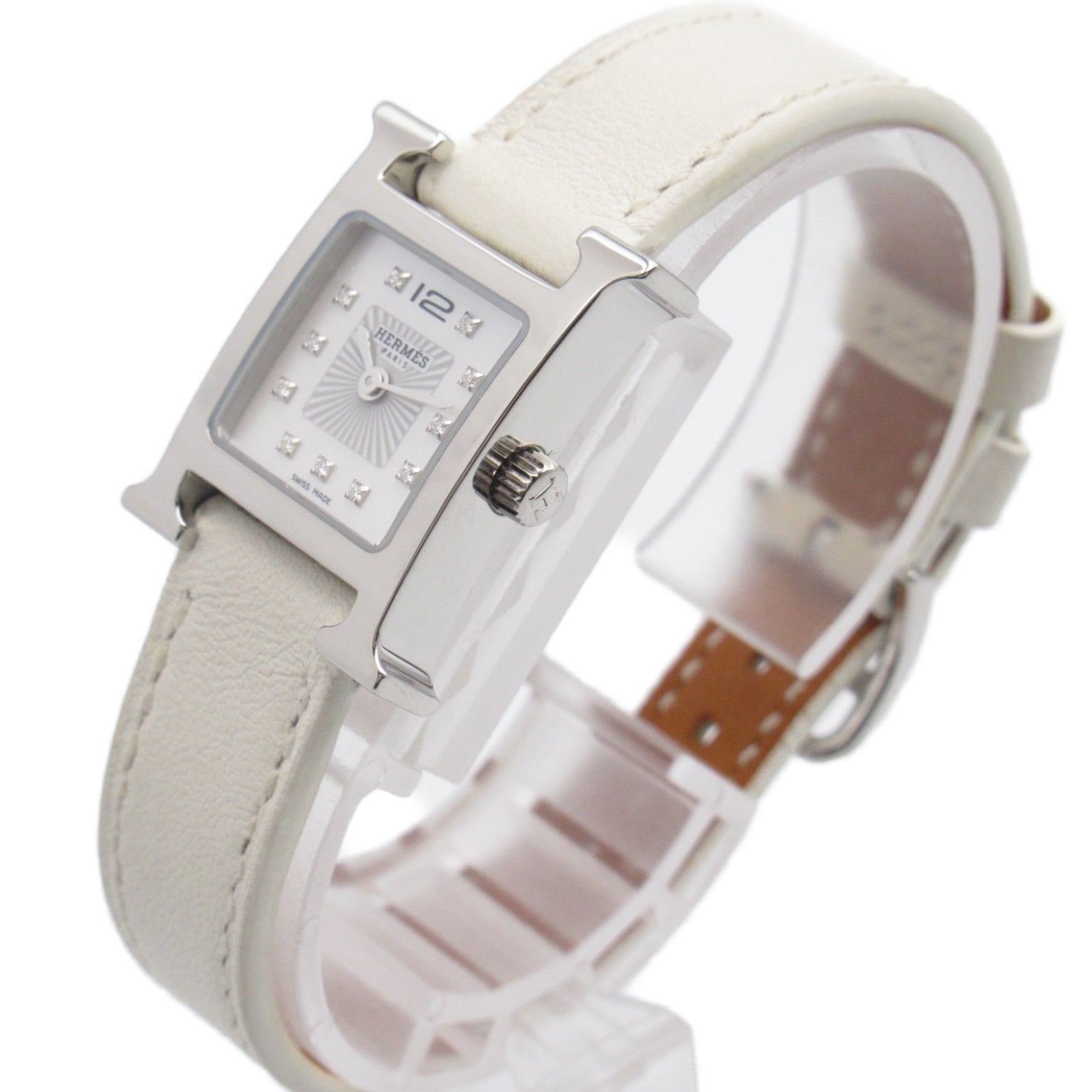 Hermes Hermes H Watch Mini 11P Diamond  Watch Stainless Steel Leather Belt  White S HH1.110