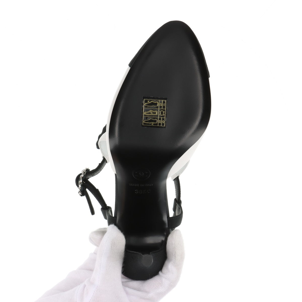 Chanel Coco Leather x Fabric Strap Pump 36 1/2C  Black x White Ribbon G36349 Box