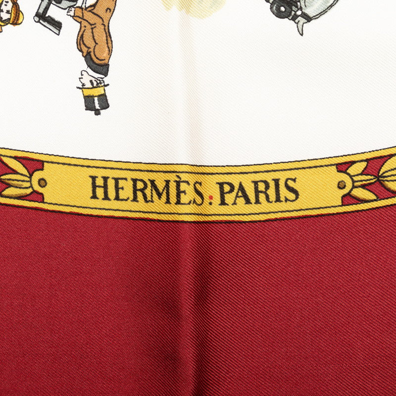 Hermes Carré 90 LA PROMENADE DE LONGCHAMPS Walk to the Lonchamps SCalf Wine Red White Multicolor Silk  Hermes