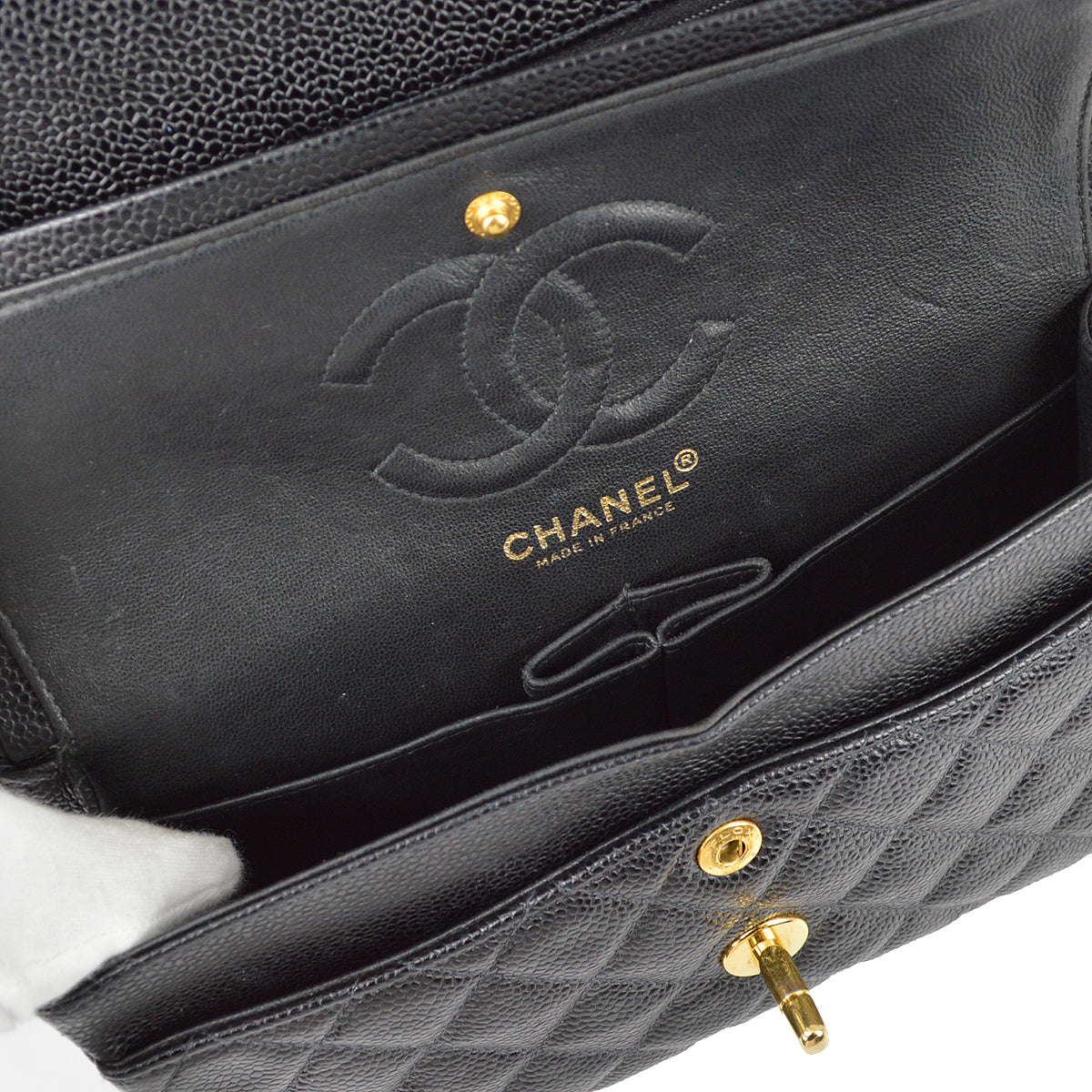 Chanel 2000-2002 黑色魚子醬小號經典雙翻蓋包