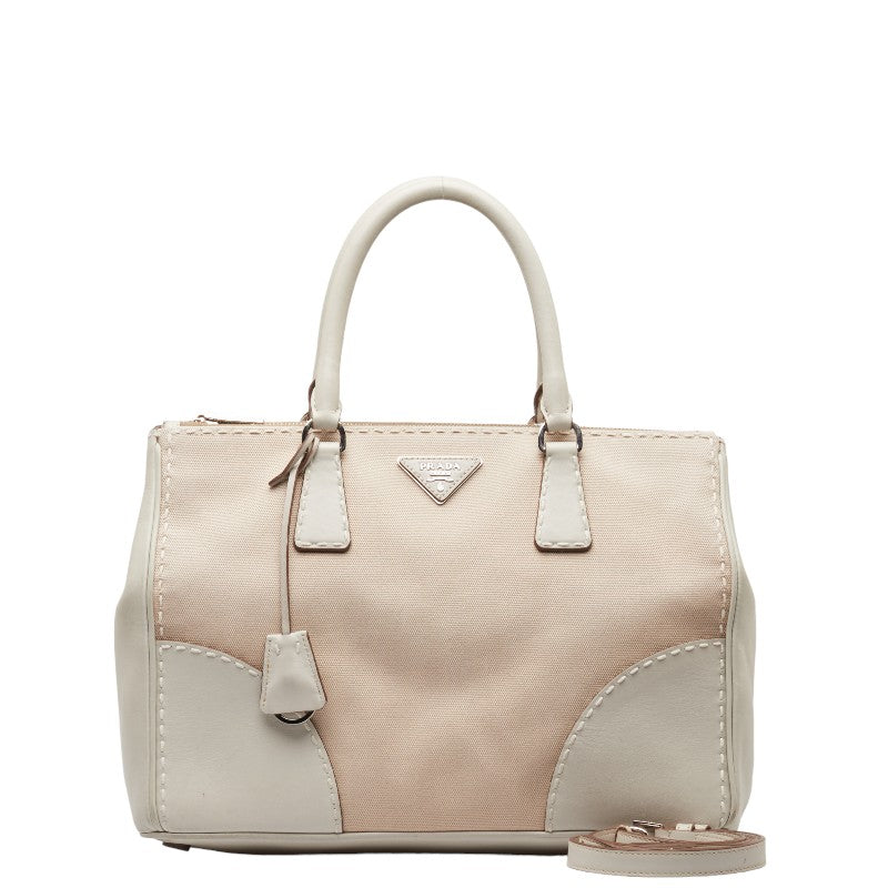 Prada Canapa City Triangle Logo  Handbag Shoulder Bag 2WAY B1801K Beige White Linen Leather m