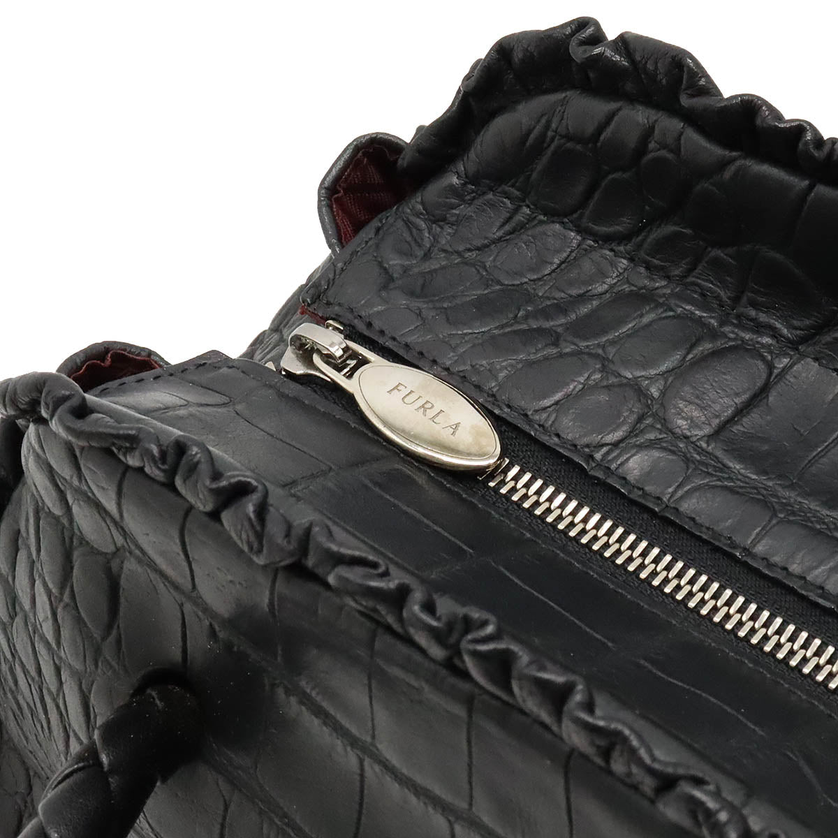 Furla Shoulder Bag Half Shoulder Shoulder Mini Boston Bag Crocodile Crocodile Shoulder Leather Black Black Silver  Blumin