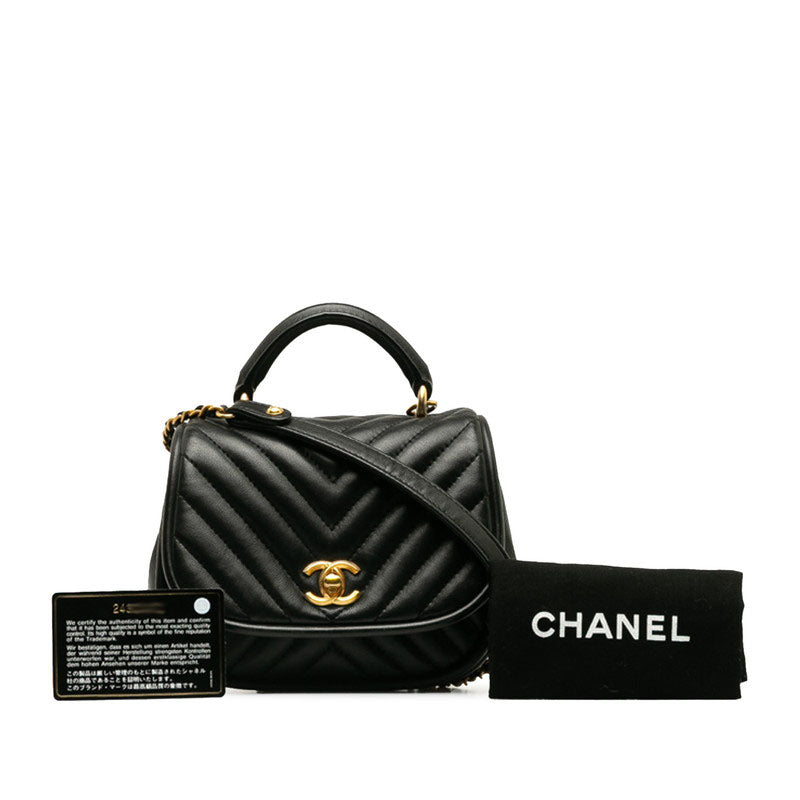Chanel Coco Mark Chevron Top Handle Chain Shoulder Bag Black Leather