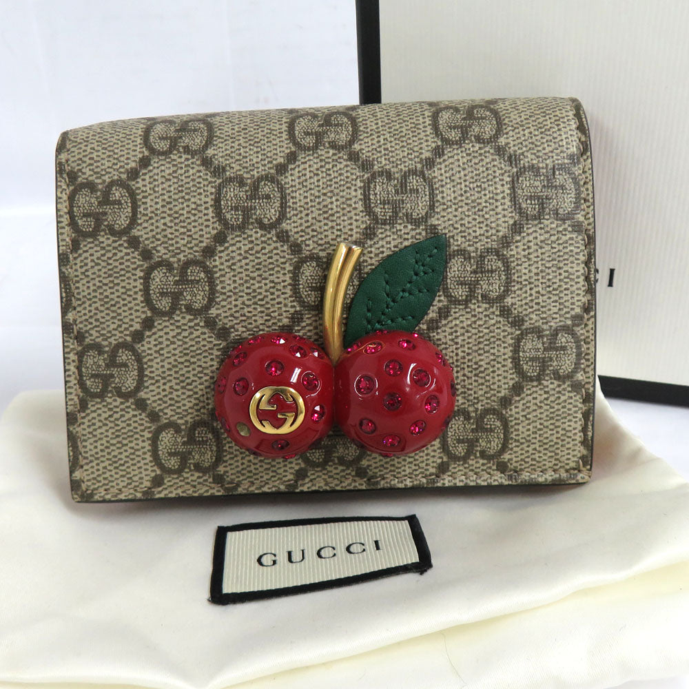 Gucci GG Supreme Cherry 476050 Double Fold Wallet Card Case Beige Red Retail Inserted Leather  476050 Double Folded Wallet