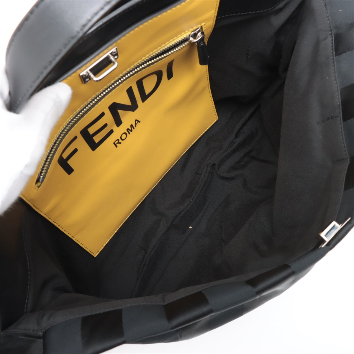 Fendi Peacebu Medium  Nylon x Leather 2WAY Handbag Black x Yellow 7VA501