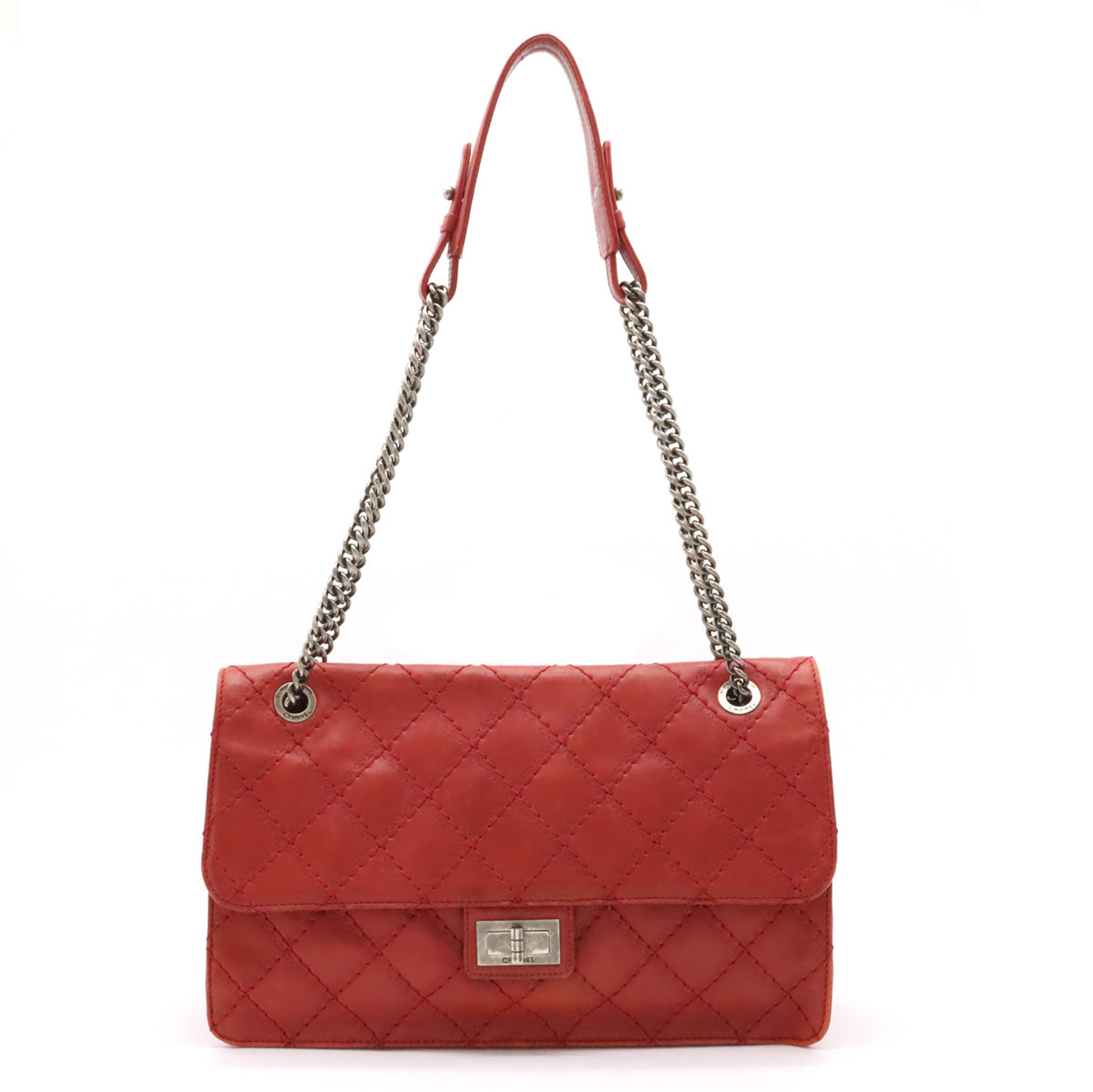 CHANEL CHANEL 2.55 Matrasse W Chain Bag Half-Sharp Handbag Semi-Sharp Leather Red Silver Gold  Blumin
