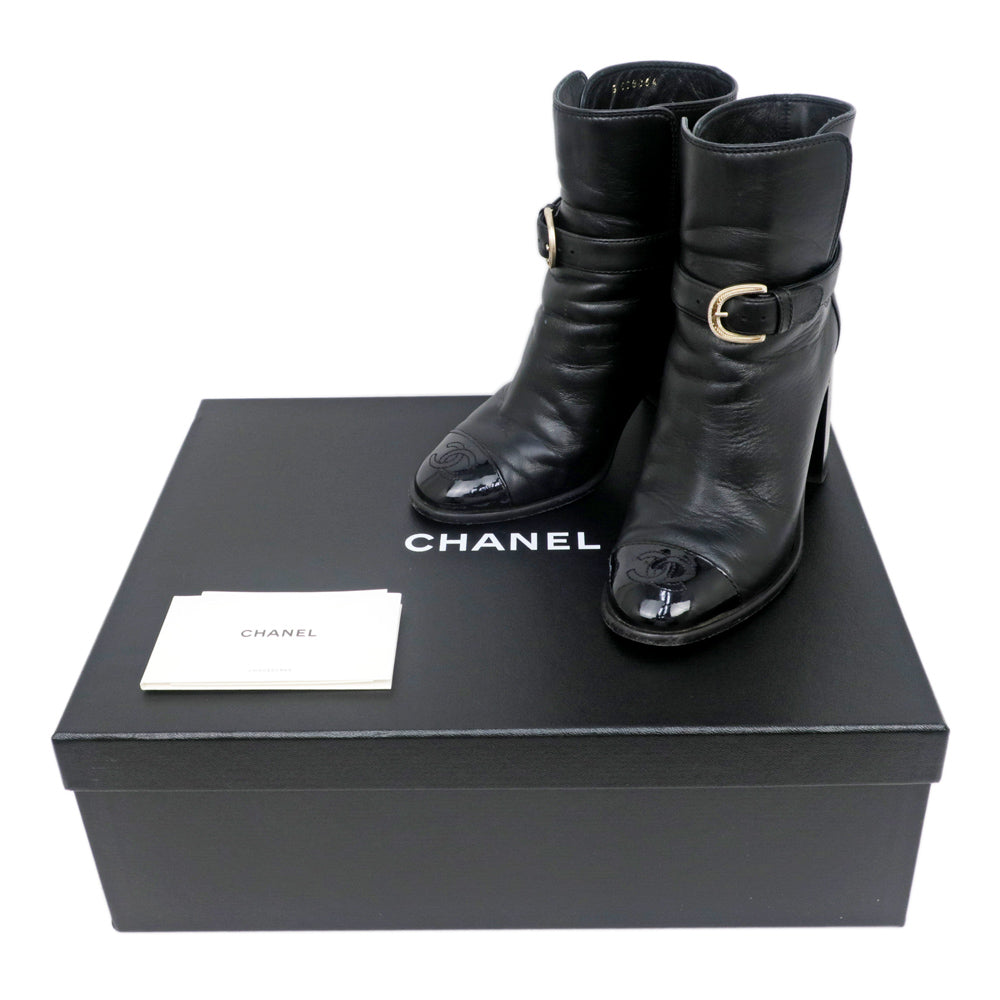 Chanel Anchor Boots 34 1/2C BK Black G38064 Leather Patent Strap CC Mark Shoes
