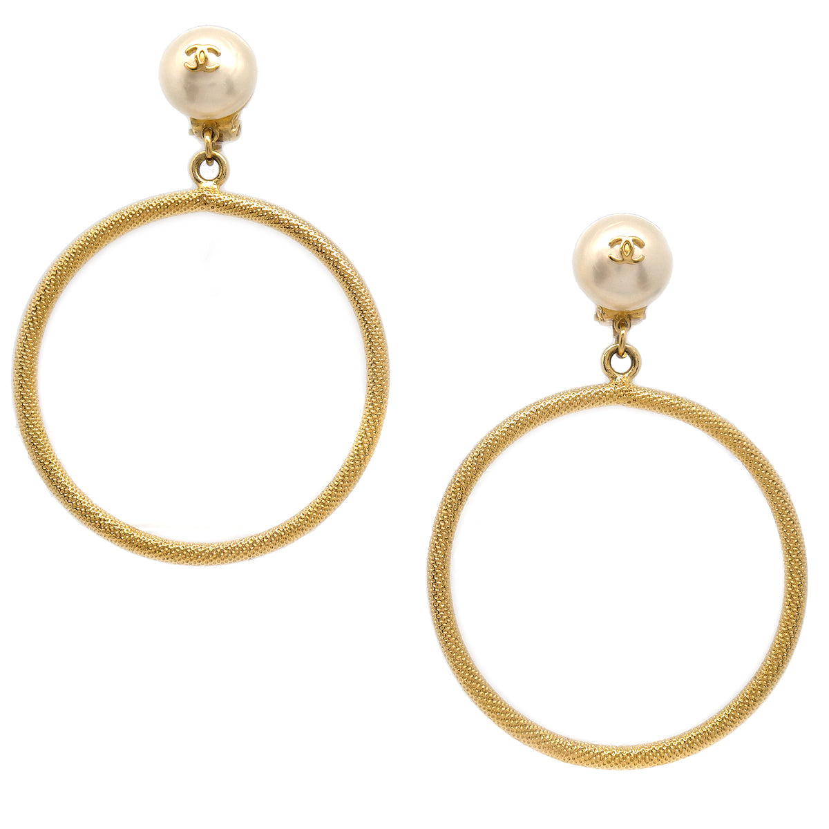 Chanel 圈形耳環 金色人造珍珠夾式 97P
