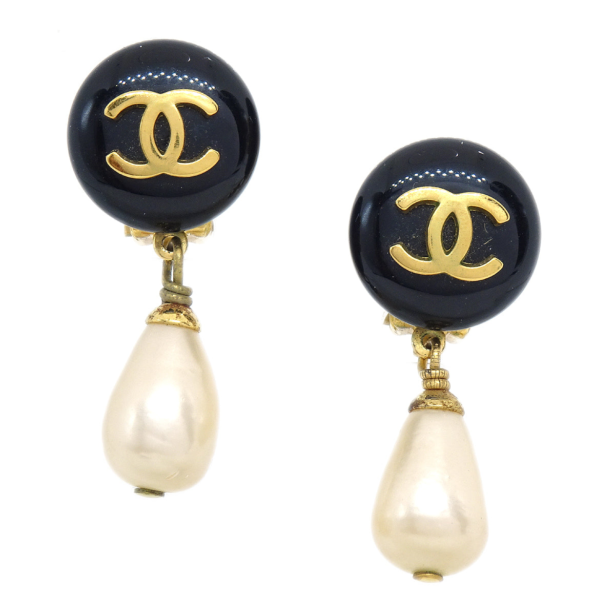 Chanel 1995 CC Black &amp; Faux Teardrop Pearl Dangle Earrings