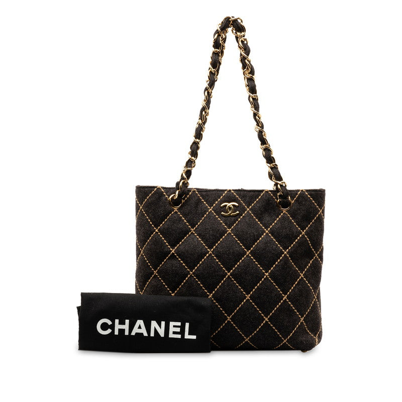 Chanel Wild Stitch Coco Chain Tote Shoulder Bag Black Felt  Chanel