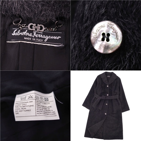 Salvatore Ferragamo Long Coat Shaggy Logo Button   M~L equivalent  Black Original NORD