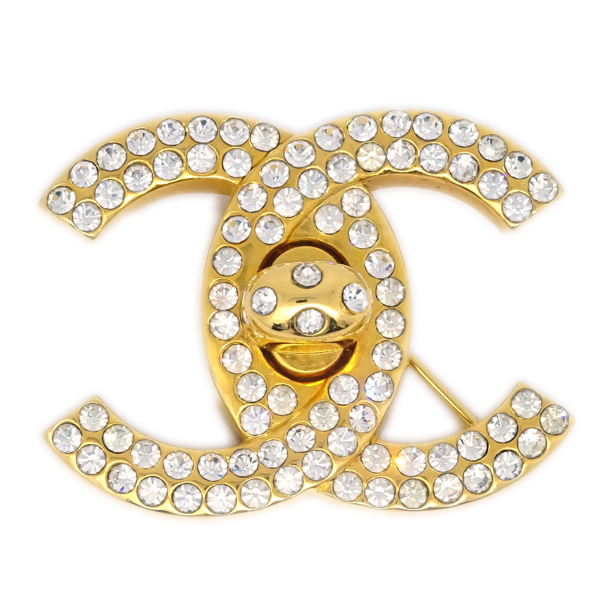Chanel CC Turnlock Rhinestone Brooch Pin Gold 96P