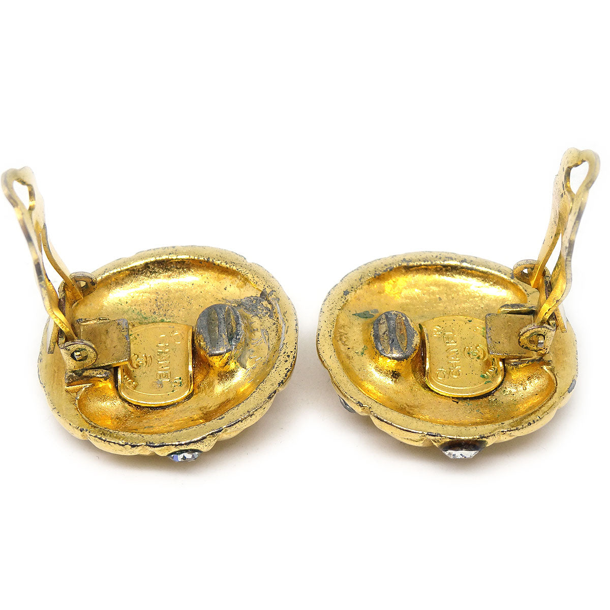 CHANEL 1980s Crystal &amp; Gold Quilted Earrings Clip-On