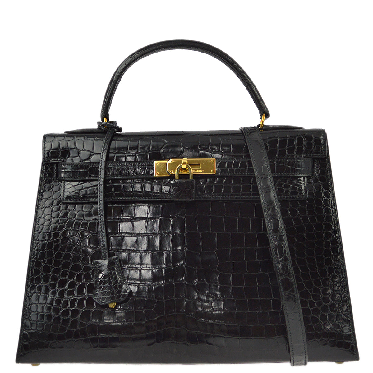 Hermes * Black Porosus Crocodile Kelly 32 Sellier Handbag