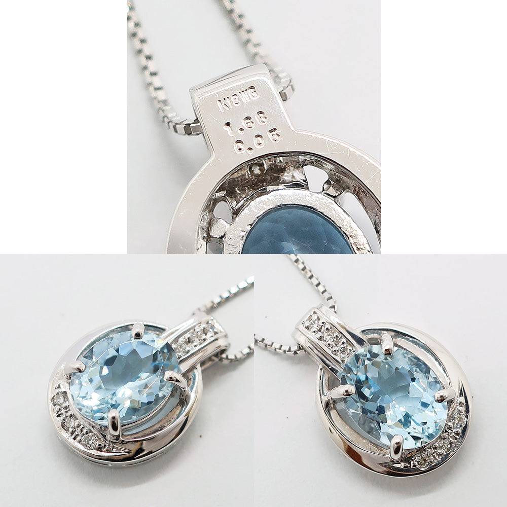 K18WG aquamarine 1.68ct diamond 0.05ct necklace  45cm axis about 5.6g white g high-end jewelry