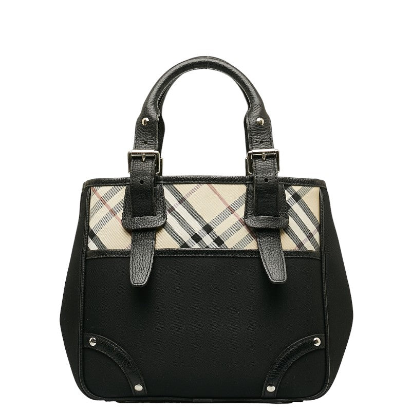 Burberry Nova Check Handbag Tote Bag Black Linen Leather
