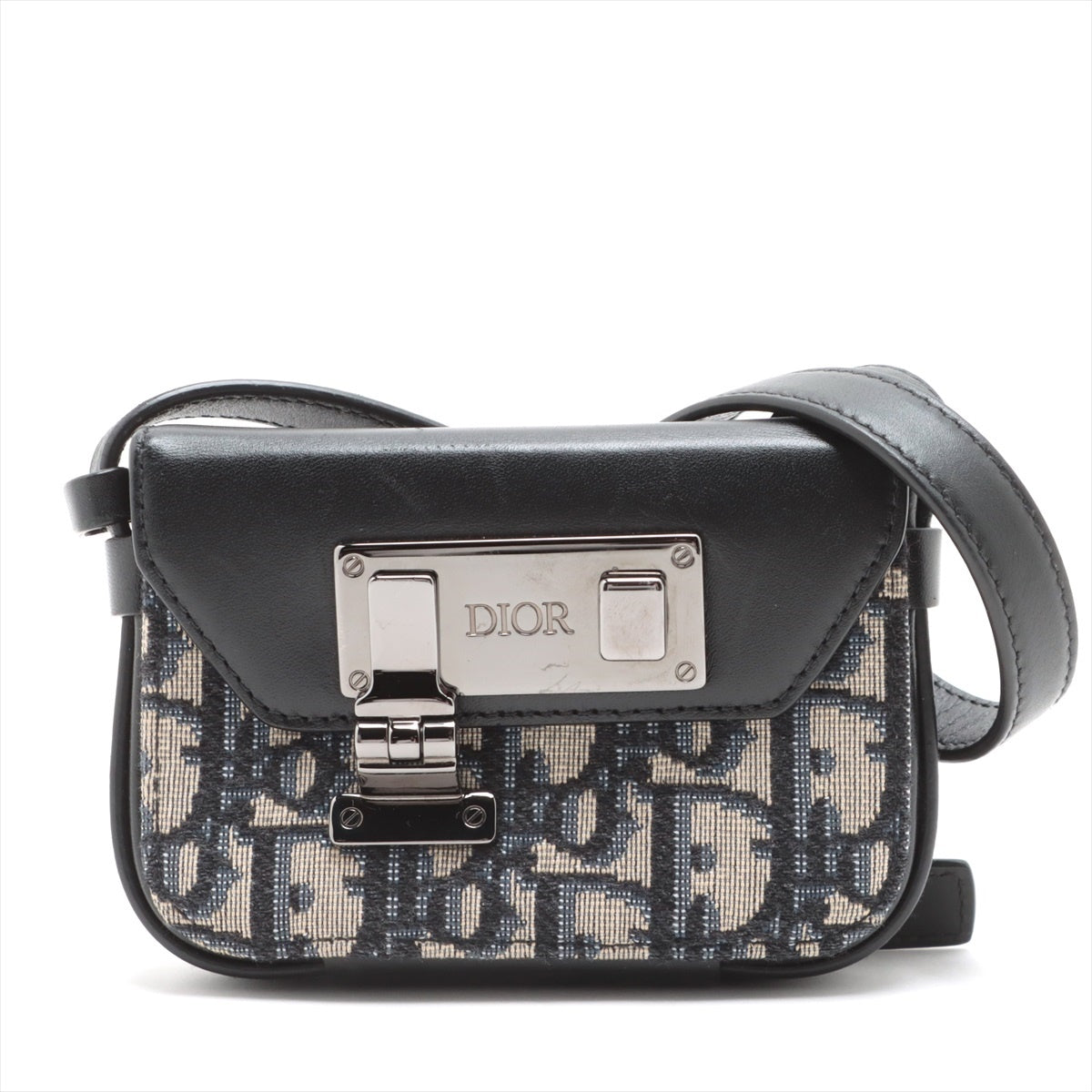 Christian Dior Oblique Dior Lock Canvas X Leather Shoulder Bag Black X Navy