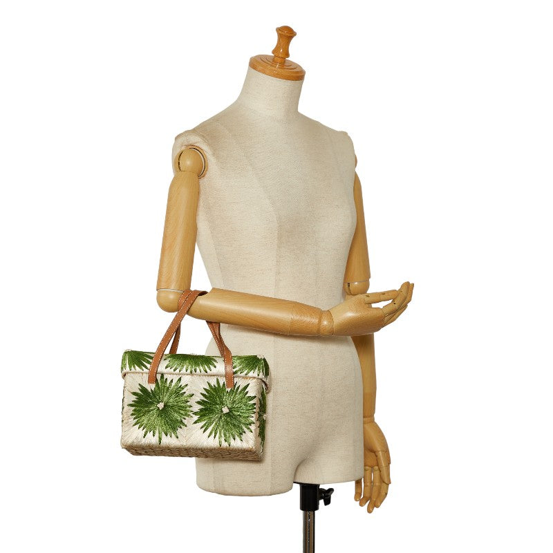 Kate Spade Square Flowers Flowers Motif Handbag Bag White Green Raffia Leather  Kate Spade