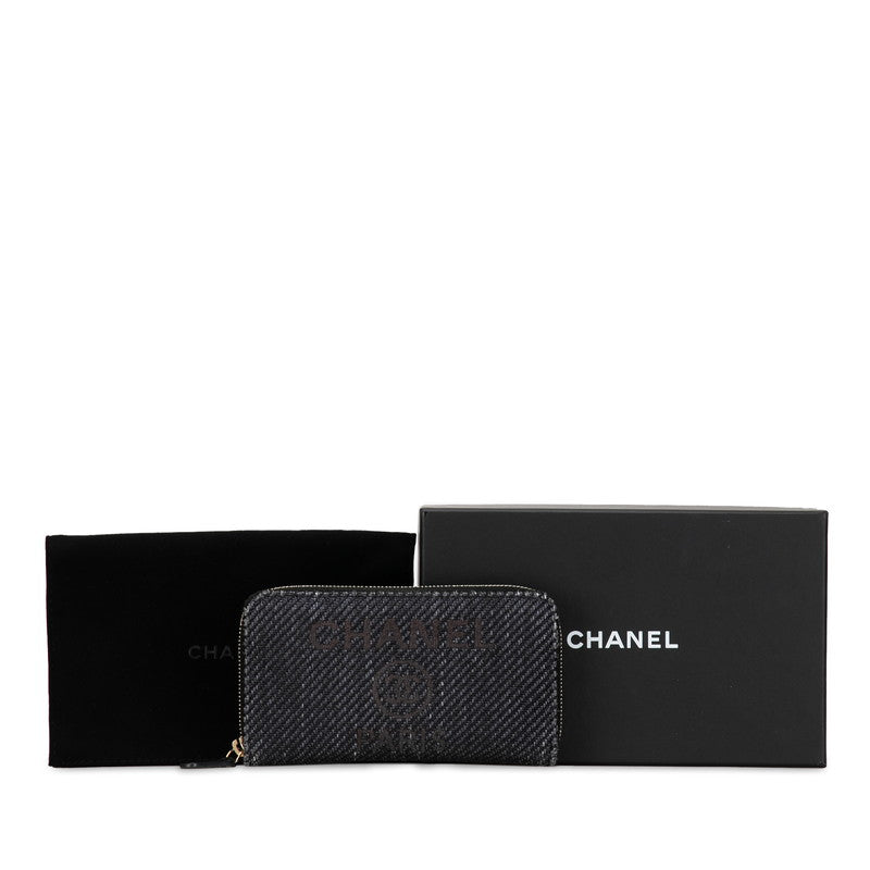 Chanel Deauville Small Roundfastner Long Wallet A81973 Navy Brown Canvas Leather  CHANEL
