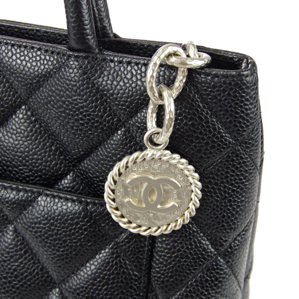 Chanel Medallion Quilted Tote Handbag Black Caviar