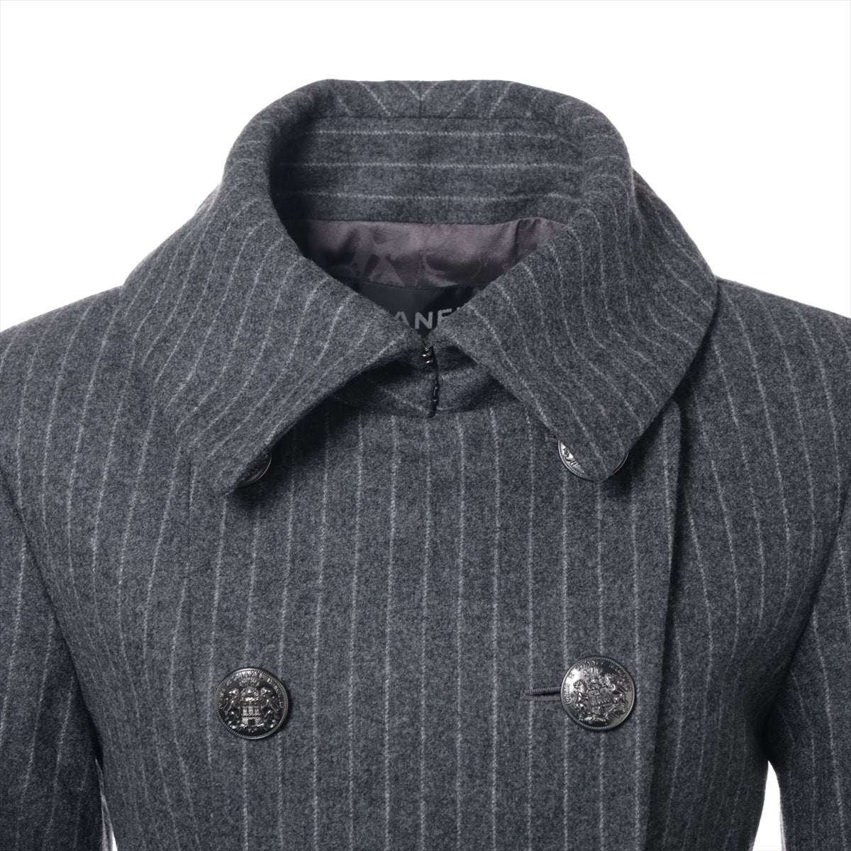Chanel Coconut Button Wool  Silk Long Coat 34  Grey P59015 Strip