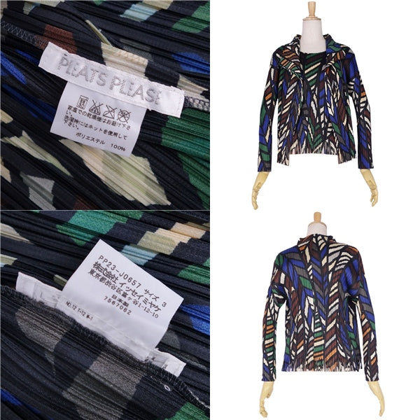 Issey Miyake Pleated  CARDIGAN BLUE SUMMARY FRINGE PRITS TOPS LADYS 3(L equivalent) MULTICOLOR