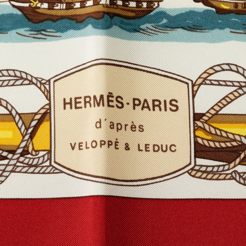 Hermes Carré 90 Navyres D&#39;EUROPE VOILES MIXTES ET VAPEUR SCHARF RED WHITE MULTICOLOR SILK LADY HERMES