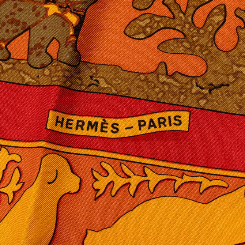 Hermes Carré 90 y America   American SCalf Red Orange Multicolor Silk  Hermes