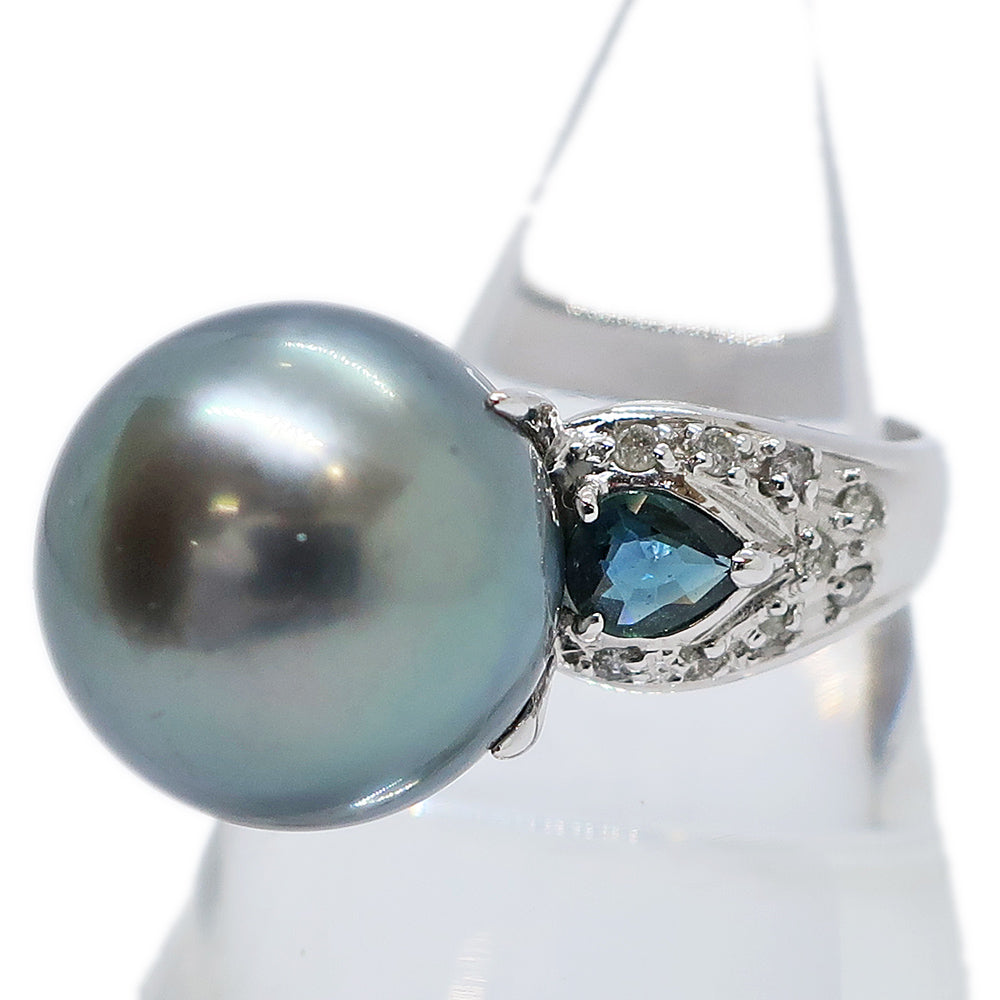 K18WG pearl about 14mm diamond 0.2ct sapphire 0.5ct ring 