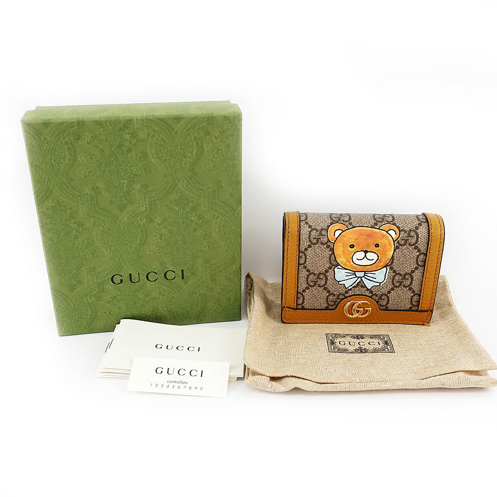 Gucci EXO KAI Collaboration Two Fold Wallet Teddy Bear GG Supreme Canvas Brown Gold  Snap Button Opening Leather Wallet