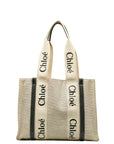 Chloe Woody Small Logo Tape Tote Bag Shoulder Bag Beige Black Canvas Leather  Chloe