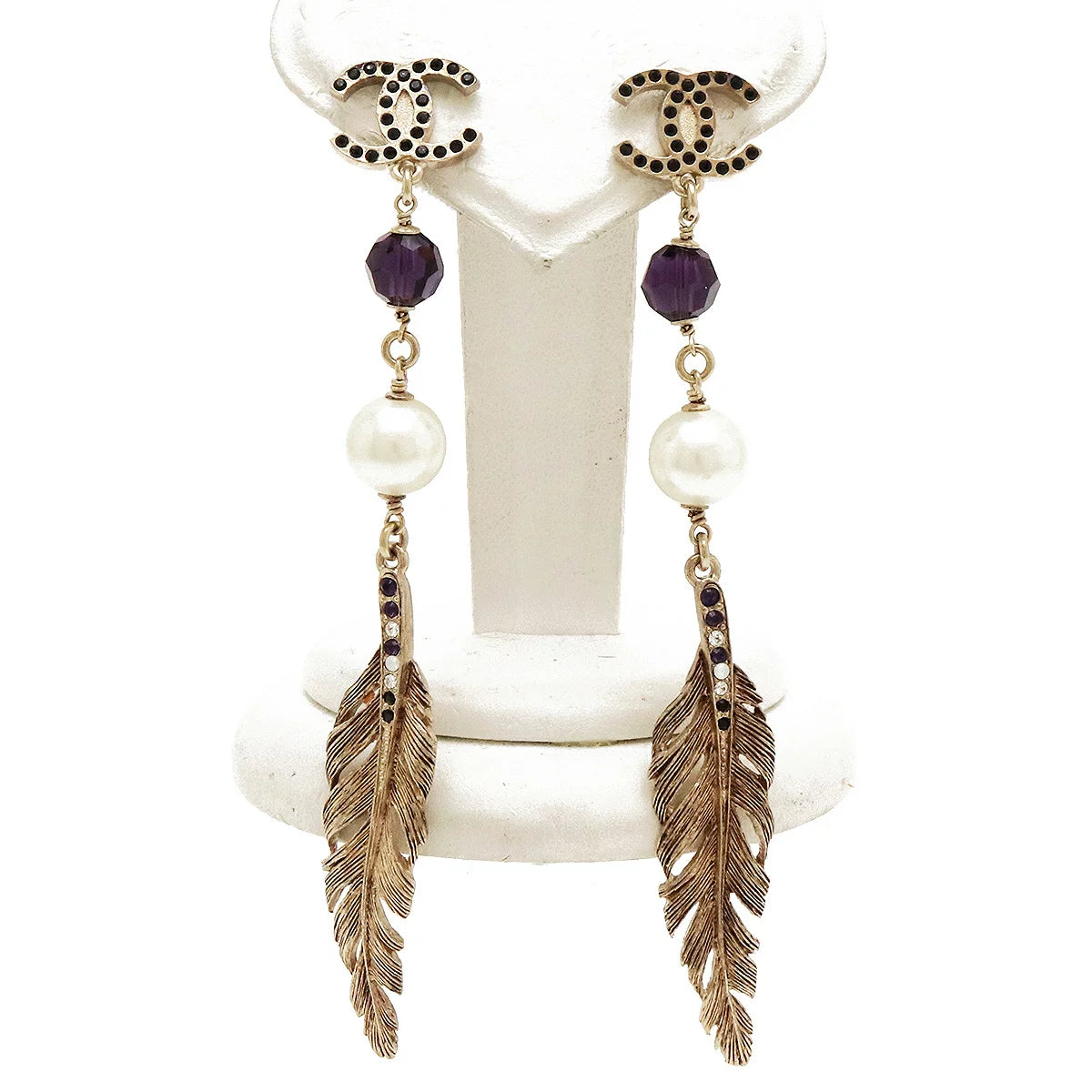 Boucles d&#39;oreilles Chanel Plume Perle Swing Or