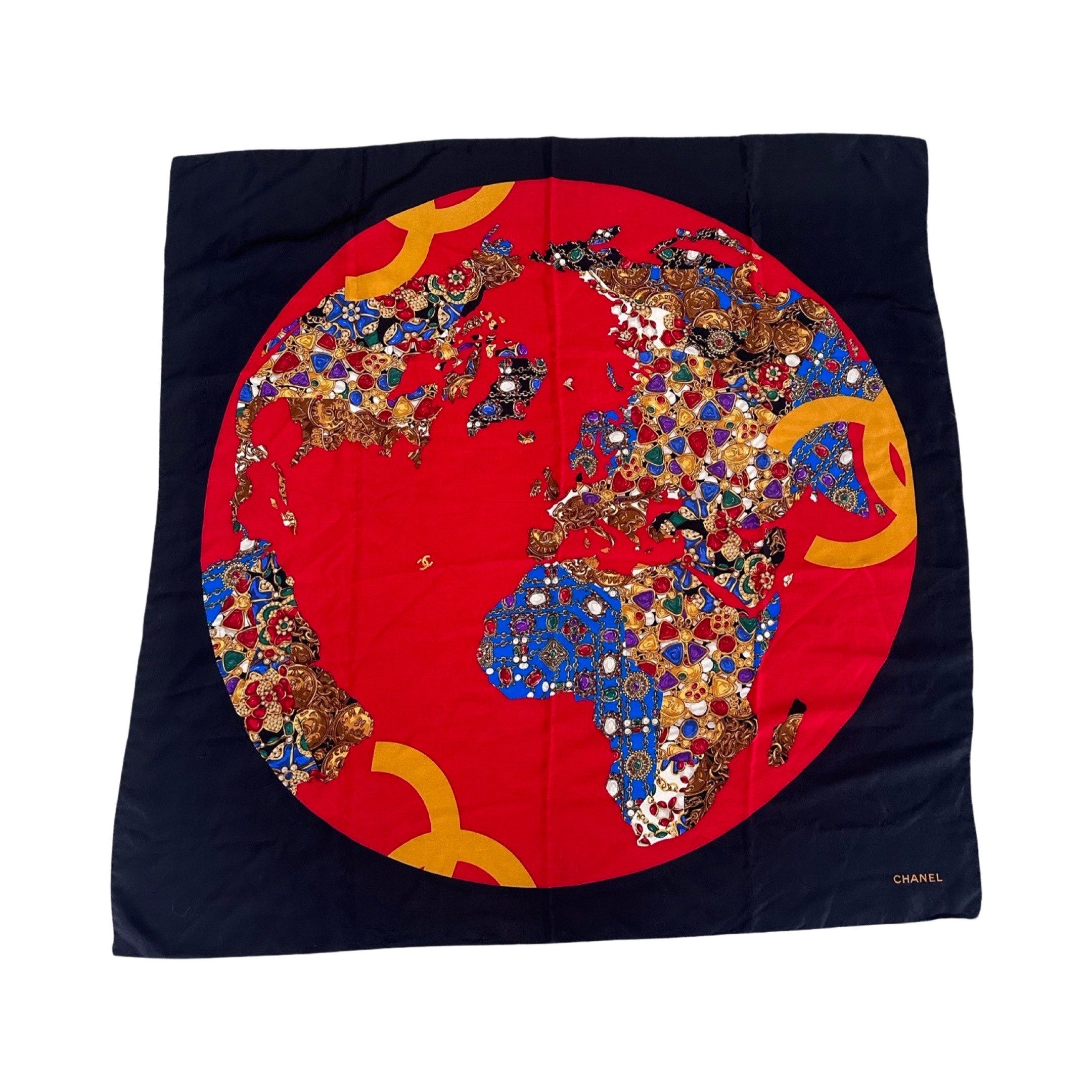 Chanel 100% Silk Twill &quot;Jewelled Map of the World&quot; Scarf