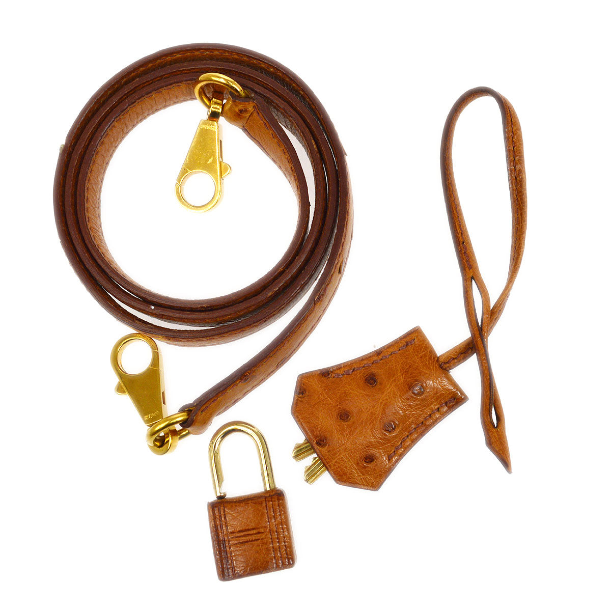 HERMES * Kelly bag strap &amp; padlock set Brown Ostrich