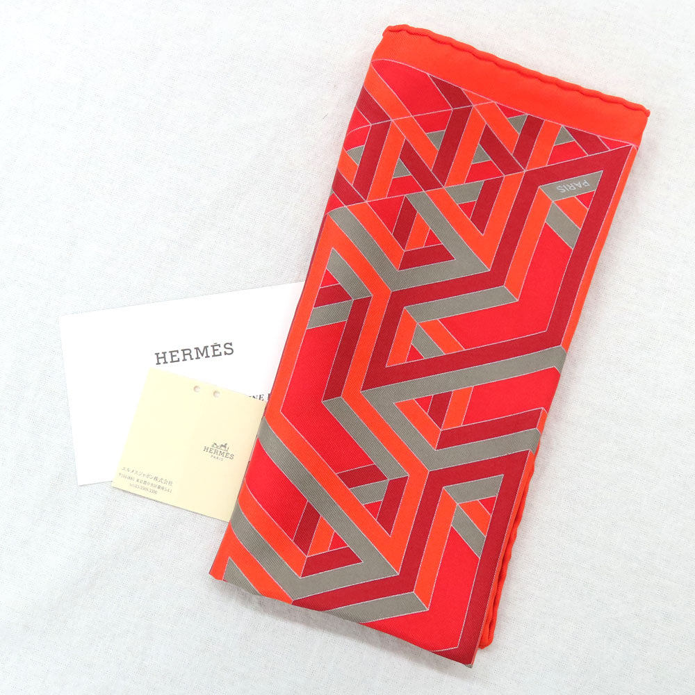 HERMES Hermes Carré 45 Putique Carré CUBE Geometry  Orange Red Silk Bandana Small Accessories  Two-Two-Two-Two-Two-Two