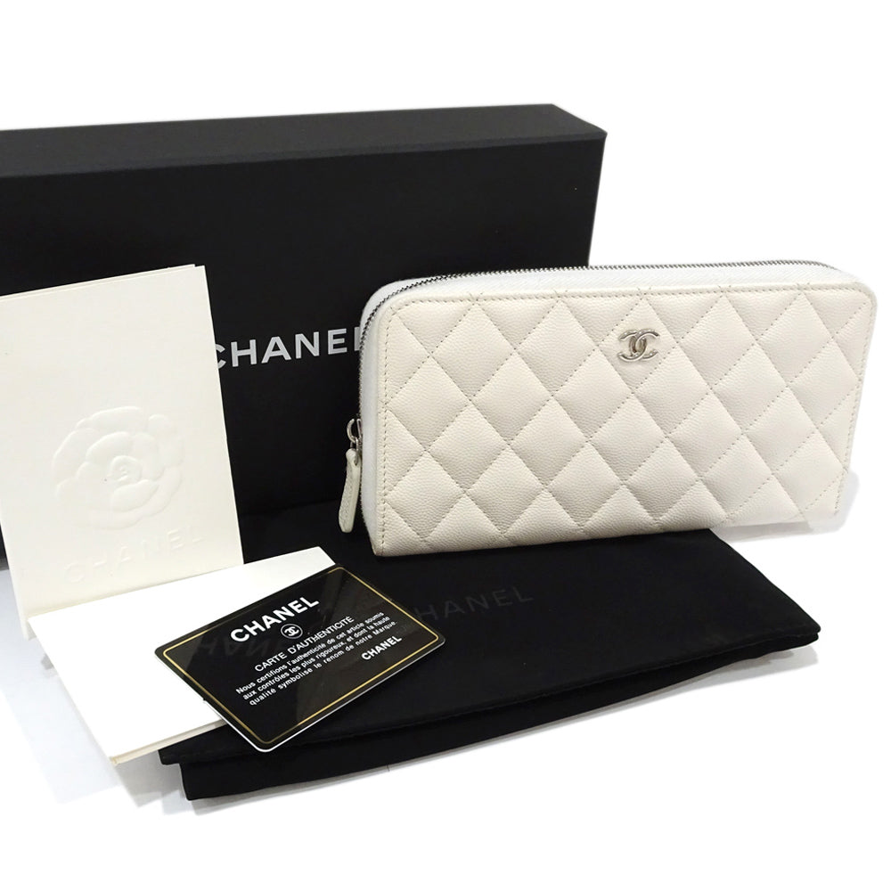 CHANEL Classic Long Zip Wallet AP0242 Green  S Caviar Skin White Silver G  Round  Wallet Small s